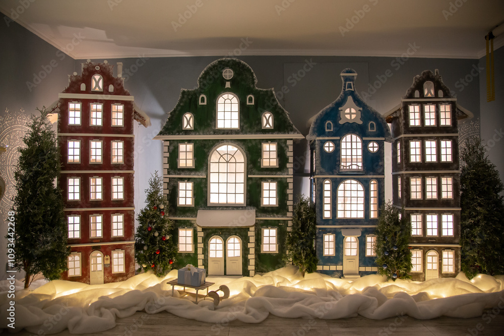 Naklejka premium old town in winter christmas tree in a room fireplace christmas tree with christmas decorations celebration home New Year holiday
