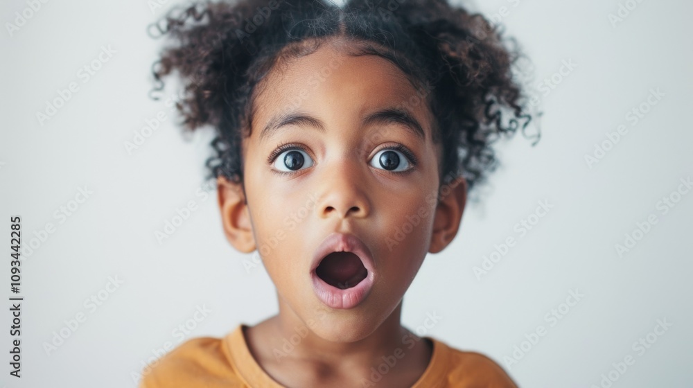 A young girl with a surprised expression her mouth open in a wide O' shape with dark eyes and curly brown hair. A young girl with a surprised expression her mouth open in a wide O' shape with dark eyes and curly brown hair.