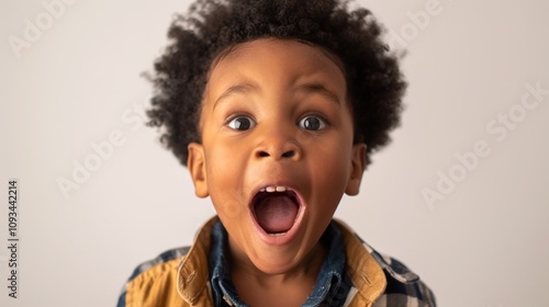 A young boy with an open mouth looking shocked or surprised.