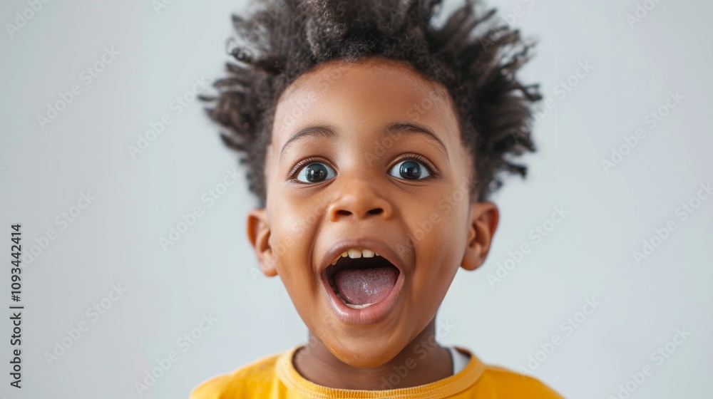 A young boy with dark skin and curly hair wearing a yellow shirt looks directly at the camera with a wide- eyed and open-mouthed expression Of surprise Or excitement. A young boy with dark skin and curly hair wearing a yellow shirt looks directly at the camera with a wide- eyed and open-mouthed expression Of surprise Or excitement.