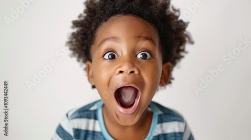 A young child with an open mouth and wide eyes exuding a sense Of surprise or shock.