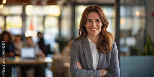 The image shows a confident businesswoman in a modern office, demonstrating leadership, collaboration, and strong communication skills during a client meeting, inspiring teamwork and future planning