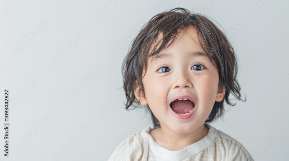 A young child with dark hair and a white shirt standing in front of a plain white background. A young child with dark hair and a white shirt standing in front of a plain white background.