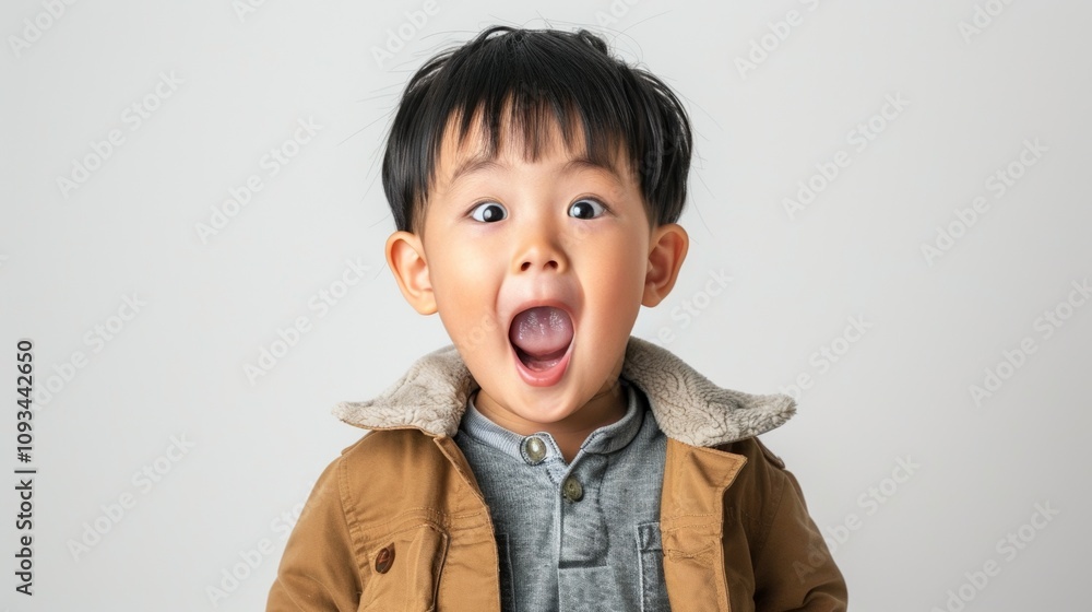 A young boy with a surprised expression wearing a brown jacket with a fuzzy collar against a light gray background. A young boy with a surprised expression wearing a brown jacket with a fuzzy collar against a light gray background.