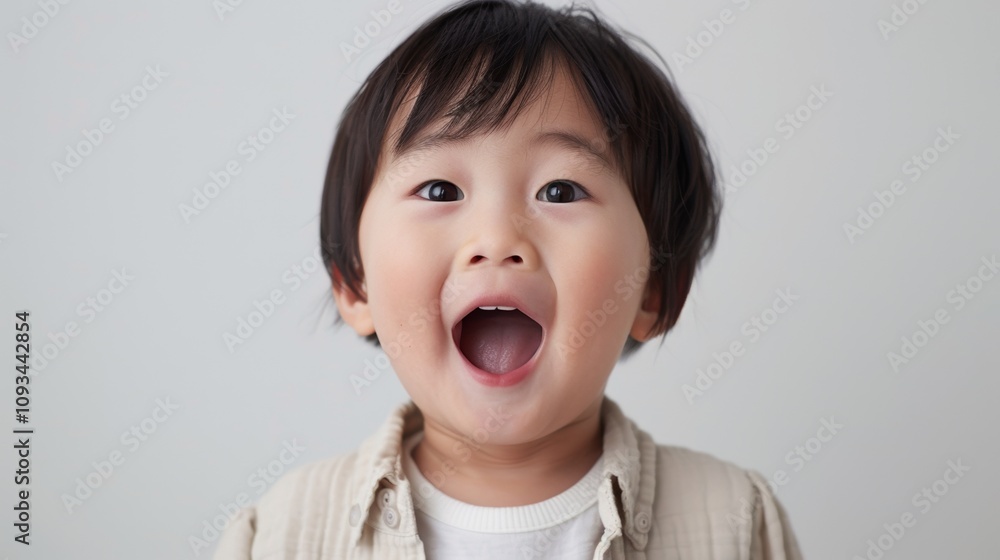Cute little boy with dark hair and a beige shirt looking up and opening his mouth wide. Cute little boy with dark hair and a beige shirt looking up and opening his mouth wide.