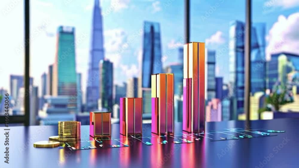 A colorful bar graph representing data trends with a city skyline in the background. A colorful bar graph representing data trends with a city skyline in the background.