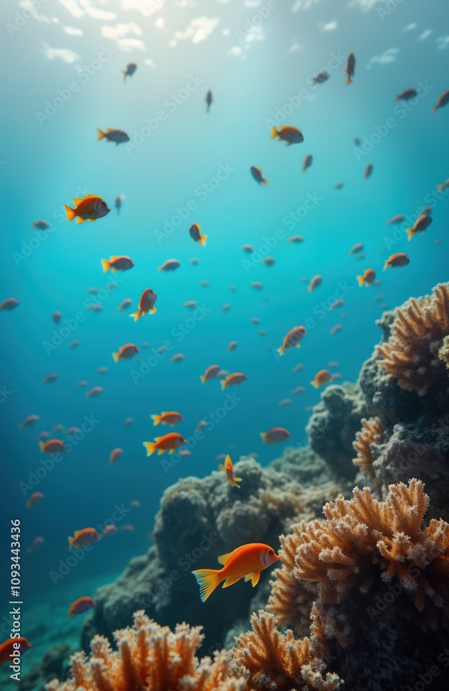 Fototapeta premium Colorful fish swim near coral reef in Red Sea Egypt. Underwater scene shows vibrant marine life, coral formations. Divers explore tropical aquatic environment. Travel destination offers adventure in