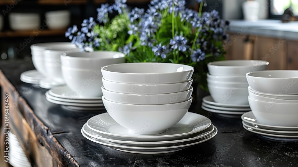 Elegant stack of white ceramic bowls and plates arranged on a rustic wooden table with blooming flowers in a cozy kitchen setting. Generative AI Elegant stack of white ceramic bowls and plates arranged on a rustic wooden table with blooming flowers in a cozy kitchen setting. Generative AI