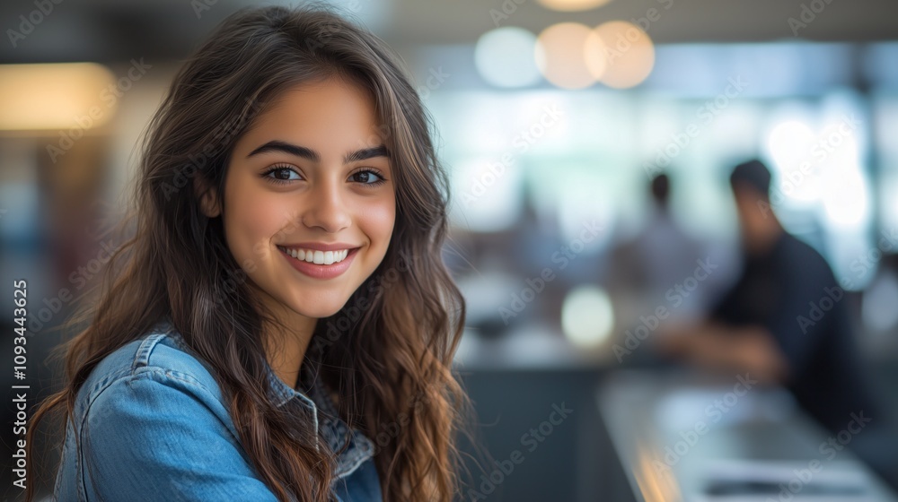 Smiling woman in a casual denim jacket in a modern office environment. Smiling woman in a casual denim jacket in a modern office environment.