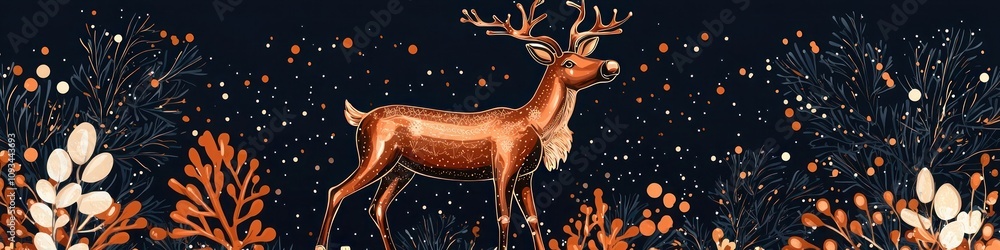 Huge metallic copper reindeer against a dark navy blue background, accented by burnt orange, brass, and cream tones for a festive appeal Huge metallic copper reindeer against a dark navy blue background, accented by burnt orange, brass, and cream tones for a festive appeal