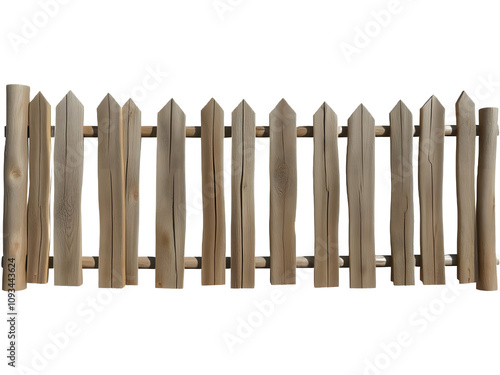 Rustic wooden fence, weathered texture, natural light, isolated on transparent white background.