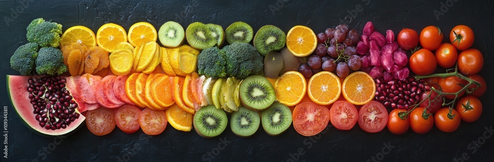 Vibrant Display of Fresh Fruits and Vegetables Arranged in Rainbow Pattern on Dark Surface, Showcasing the Variety and Colors of Nature's Produce for Healthy Living Vibrant Display of Fresh Fruits and Vegetables Arranged in Rainbow Pattern on Dark Surface, Showcasing the Variety and Colors of Nature's Produce for Healthy Living