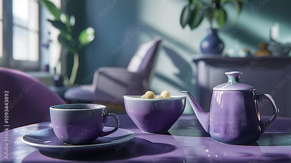 Fototapeta premium A purple dining set with a main pot of java and a snack dish set behind it