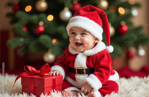 Smiling baby in Santa suit with Christmas gift under tree lights, holiday cheer, warm family moments concept