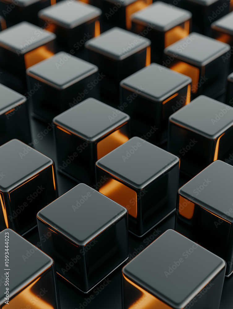 Glossy black cubes with glowing edges create modern, dynamic pattern Glossy black cubes with glowing edges create modern, dynamic pattern