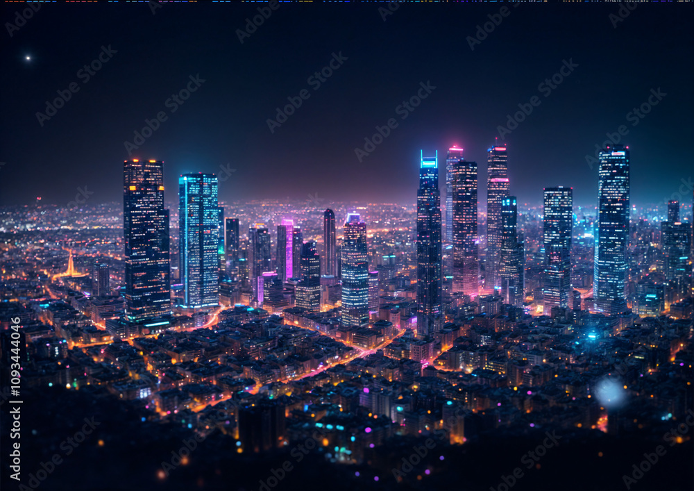 Fototapeta premium Stunning night cityscape with illuminated skyscrapers and vibrant lights, showcasing urban life and energy 