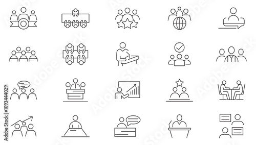 Metting line icon set. Audit, analysis, plan, evaluation, result, testing, appraisal, examination, measurement, review, judgment, diagnosis line icon set. UI thin line icon pack.
