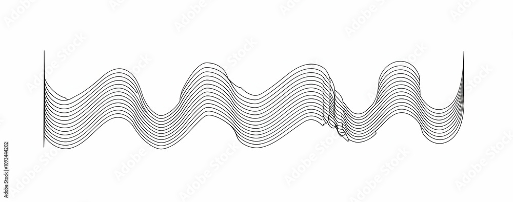 A vector line drawing of an audio wave, simple design, white background, no shadows, simple lines, vector art, flat design, no gradients, no colors, symmetrical design A vector line drawing of an audio wave, simple design, white background, no shadows, simple lines, vector art, flat design, no gradients, no colors, symmetrical design