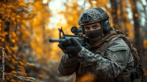 Soldier in tactical gear aims rifle in autumn forest, surrounded by vibrant yellow leaves.