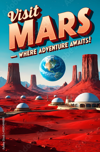 Retro Travel Poster For Mars Tourism With Scenic Red Landscapes
