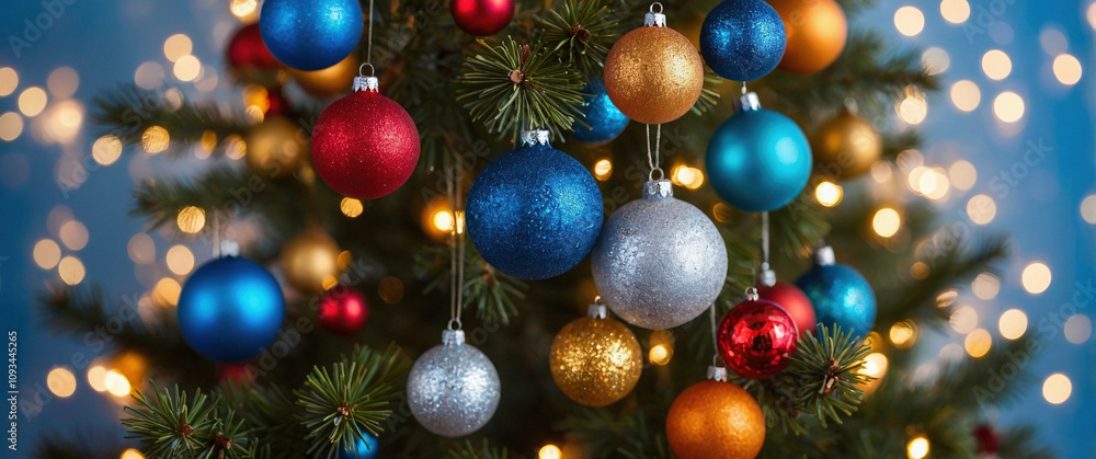 Christmas tree fir pine branches decorated with beautiful colorful baubles balls with festive blurry lights in the background. Xmas New Year winter season header design illustration. Christmas tree fir pine branches decorated with beautiful colorful baubles balls with festive blurry lights in the background. Xmas New Year winter season header design illustration.
