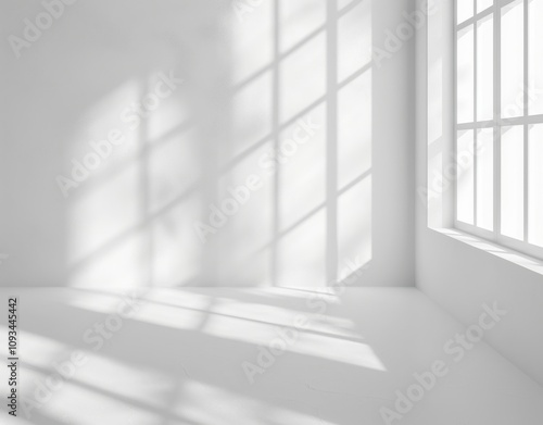 photo Realistic and minimalist blurred natural light windows, shadow overlay on wall paper texture, abstract background. Minimal abstract light white background for product presentation