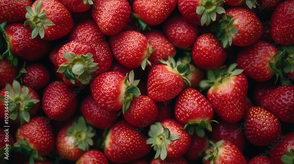 Bunch of fresh strawberries arranged in a flat lay macro close up on a textured background showcasing vibrant colors and natural details Bunch of fresh strawberries arranged in a flat lay macro close up on a textured background showcasing vibrant colors and natural details