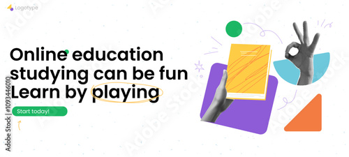Online school vector banner with fun shape, book and halftone element hand. Template for education, university landing page.