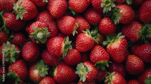 Bunch of fresh strawberries arranged in a flat lay macro close up on a textured background showcasing vibrant colors and natural details