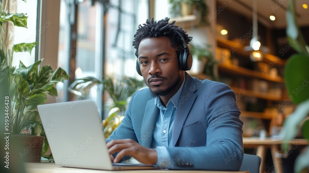 Man in a blazer working on a laptop with headphones in a cozy, plant-filled space. Man in a blazer working on a laptop with headphones in a cozy, plant-filled space.