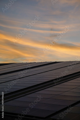 the rooftop of factory warehouse during sunse. renewable energy of photovoltaic for reduce energy and carbon footprint. clean energy.solar panels producing clean green renewable energy of factory ware