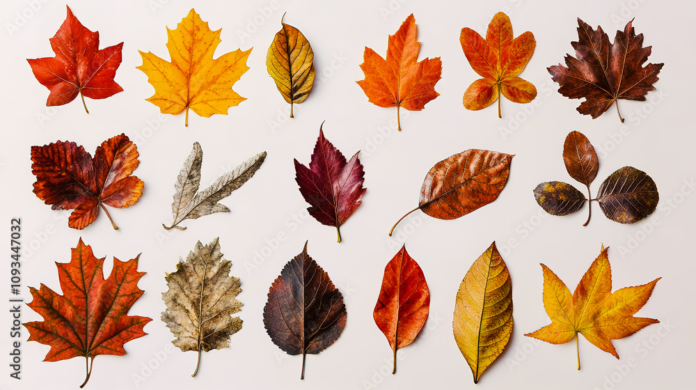 Fototapeta premium Different types of autumn leaves, including maple, oak, and birch.