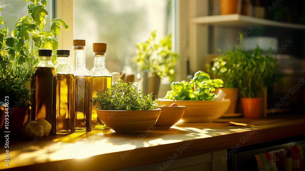 Home kitchen setup featuring olive oil bottles and bowls of fresh herbs like parsley and thyme neatly arranged on a wooden countertop. Home kitchen setup featuring olive oil bottles and bowls of fresh herbs like parsley and thyme neatly arranged on a wooden countertop.