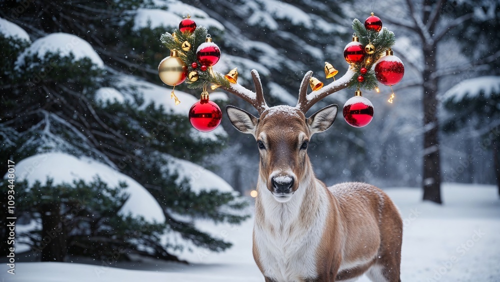 Christmas-Themed Reindeer in a Snow-Covered Forest, Adorned with Ornaments and Decorations, Capturing the Warmth and Magic of the Holiday Season for Seasonal Art and Marketing
Christmas-Themed Reindeer in a Snow-Covered Forest, Adorned with Ornaments and Decorations, Capturing the Warmth and Magic of the Holiday Season for Seasonal Art and Marketing