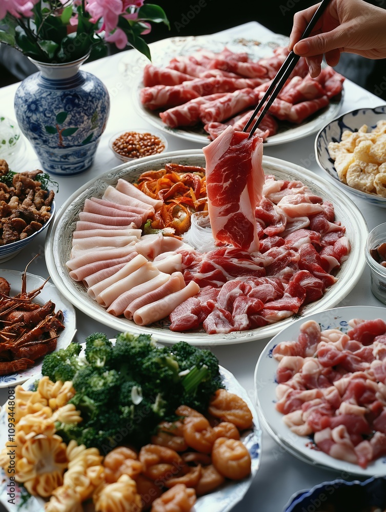 Delicious hot pot feast cozy dining room food warm atmosphere close-up view Delicious hot pot feast cozy dining room food warm atmosphere close-up view