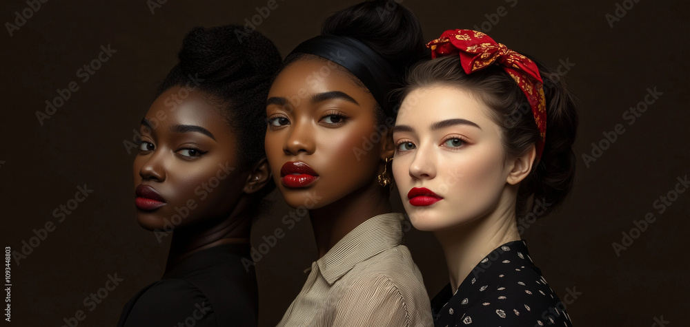Retrato de mujeres de diferentes estilos y tonos de piel, destacando su fuerza y belleza con atuendos modernos y coloridos. Ideal para proyectos relacionados con moda y empoderamiento femenino. Retrato de mujeres de diferentes estilos y tonos de piel, destacando su fuerza y belleza con atuendos modernos y coloridos. Ideal para proyectos relacionados con moda y empoderamiento femenino.