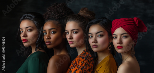 Retrato de mujeres de diferentes estilos y tonos de piel, destacando su fuerza y belleza con atuendos modernos y coloridos. Ideal para proyectos relacionados con moda y empoderamiento femenino.