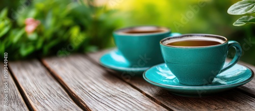 Two Teal Teacups on Rustic Wooden Table, Outdoors Serenity