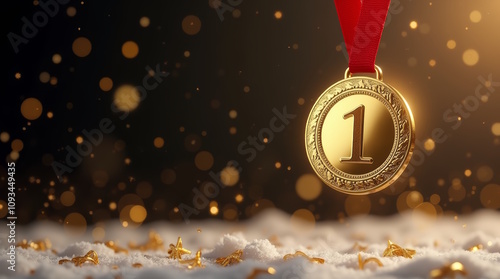 gold medal with number one for 1st place on snow festive background with confetti, free space for text, golden symbol of winner of sports competition