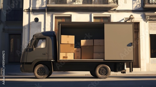 Delivery truck parked on city street with open side door showcasing cardboard boxes stacked inside ready for distribution or transport in urban setting photo