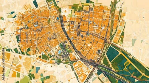 Aerial View of a Detailed City Map Highlighting Urban Layout with Roads, Buildings, and Natural Surroundings for Geographical Analysis and Urban Planning