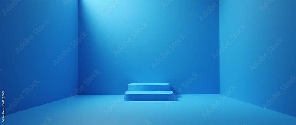 Blue background of empty room corner with light falling from window onto presentation podium Blue background of empty room corner with light falling from window onto presentation podium