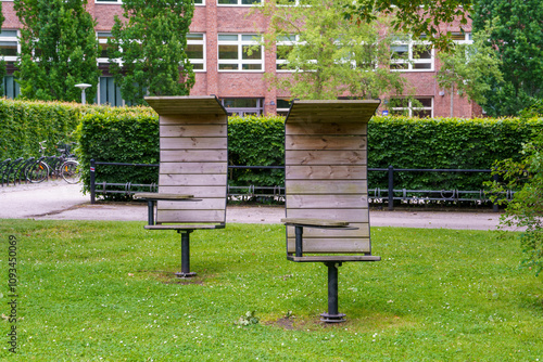 Lund, Sweden - 12 June 2024: The Bug outdoor rotatable chairs made by Lovisa of Sweden company, designed and handmade in Sweden at the Lund Technical University campus