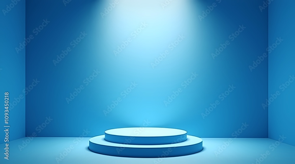 Blue background of empty room corner with light falling from window onto presentation podium Blue background of empty room corner with light falling from window onto presentation podium