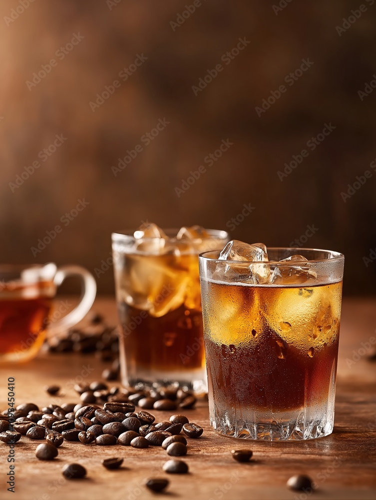 Refreshing iced coffee drinks with ice cubes stylish cafe setting gourmet beverage Refreshing iced coffee drinks with ice cubes stylish cafe setting gourmet beverage