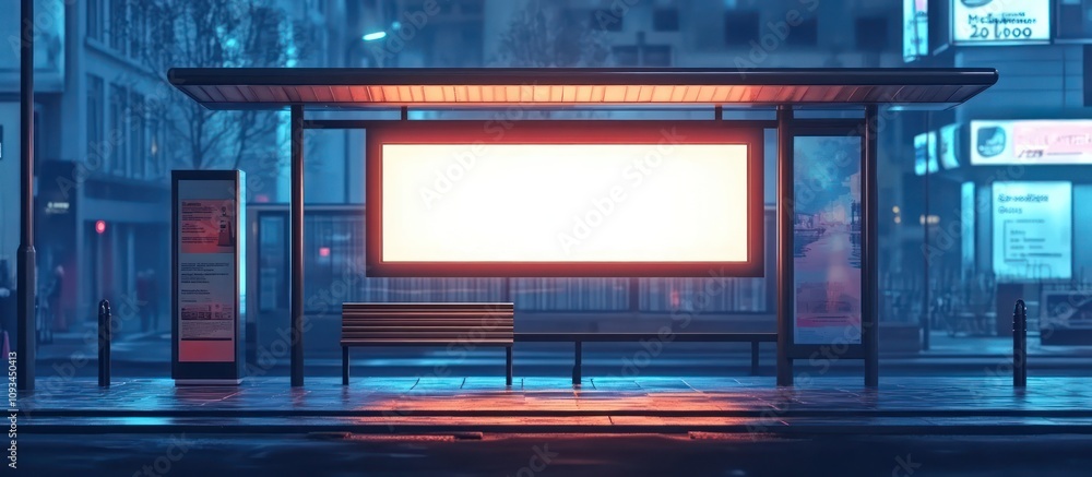 Empty Night Bus Stop in a Futuristic Cityscape Empty Night Bus Stop in a Futuristic Cityscape