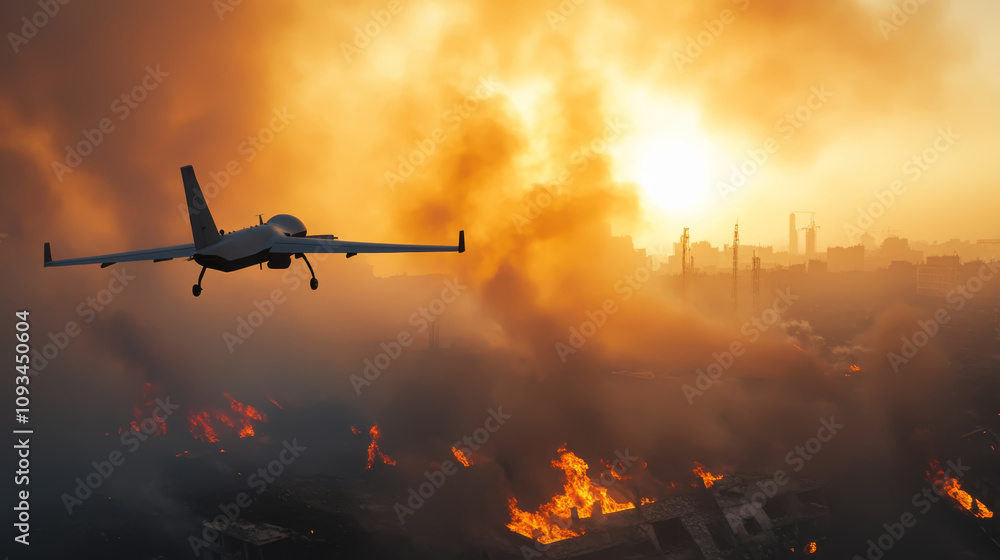 Military drone flies over a burning urban area during sunset amidst smoke and flames Military drone flies over a burning urban area during sunset amidst smoke and flames