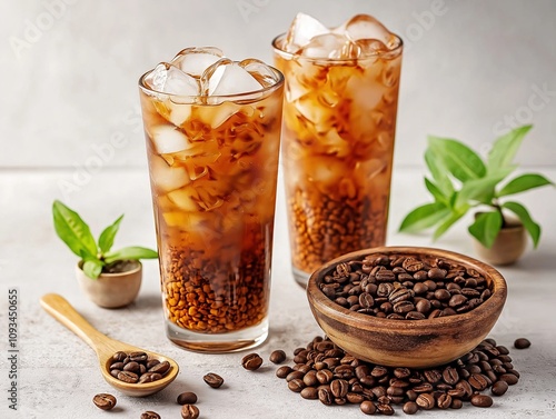 Refreshing iced coffee beverages home kitchen food modern style close-up view beverage enjoyment