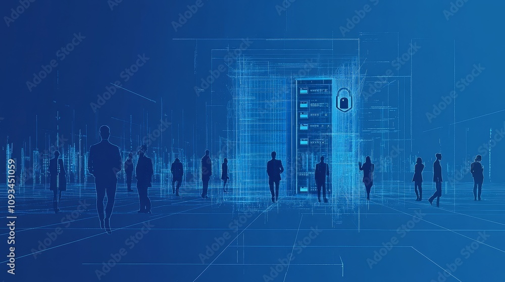 Secure Network, Business People Silhouetted - Business people in a secure digital network environment symbolizing data protection, cybersecurity, teamwork, technology, and future. Secure Network, Business People Silhouetted - Business people in a secure digital network environment symbolizing data protection, cybersecurity, teamwork, technology, and future.