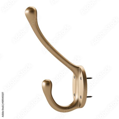 A gold colored metal hook is attached to a wall